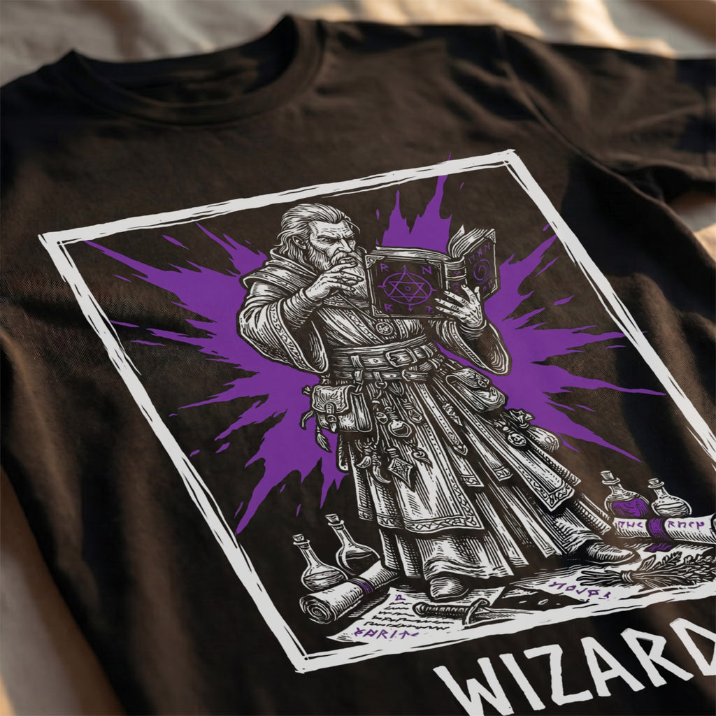 Wizard Class T-Shirt | D&D Arcane Magic & Spellbook Gift | Unisex Comfort Colors® 1717 Male Design
